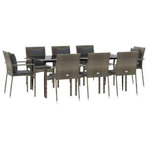 vidaXL 9-tlg. Garten-Essgruppe mit Kissen Schwarz und Grau Poly Rattan