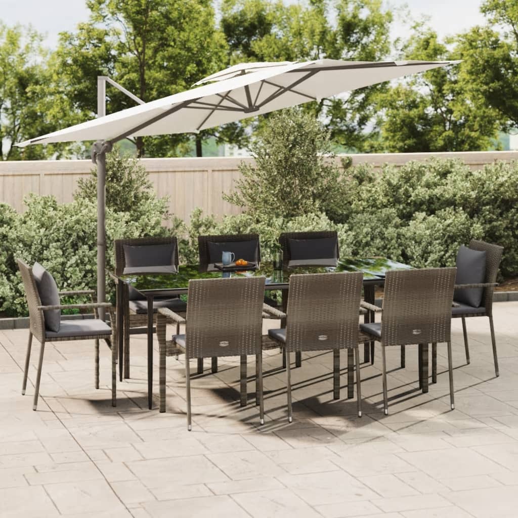 vida XL 9-tlg. Garten-Essgruppe mit Kissen Schwarz und Grau Poly Rattan