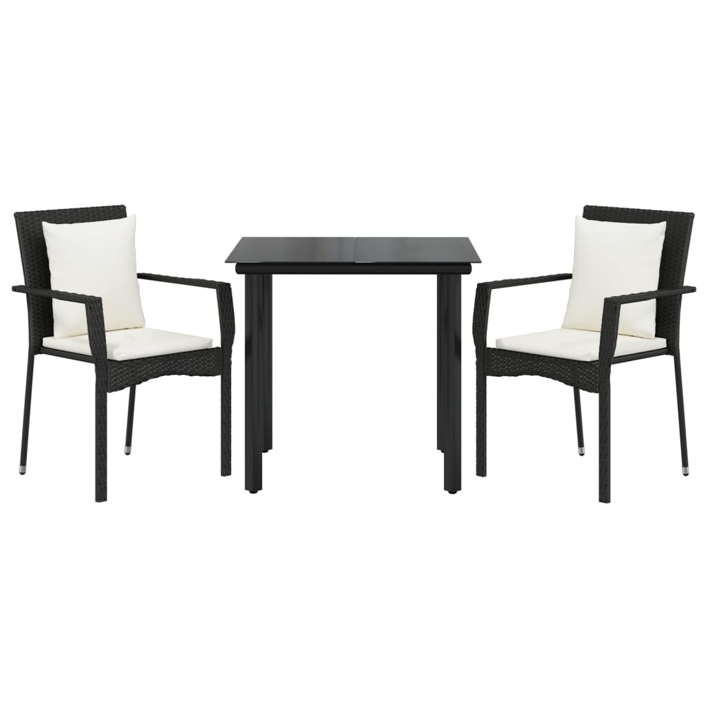 Set mobilier de grădină cu perne, 3 piese, negru, poliratan