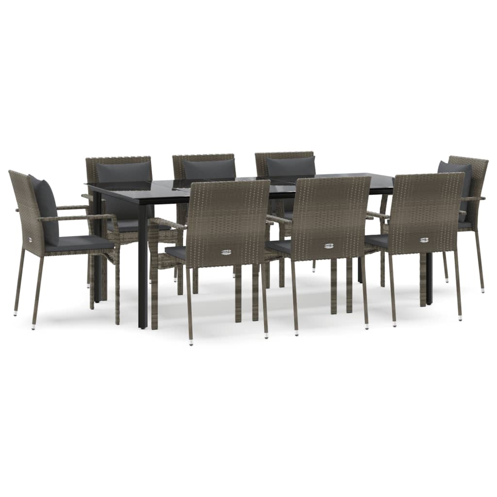 Set mobilier de grădină cu perne, 9 piese, negru/gri, poliratan