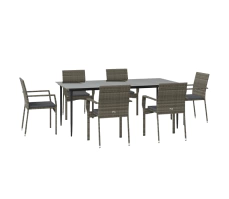 vidaXL 7-tlg. Garten-Essgruppe mit Kissen Schwarz und Grau Poly Rattan