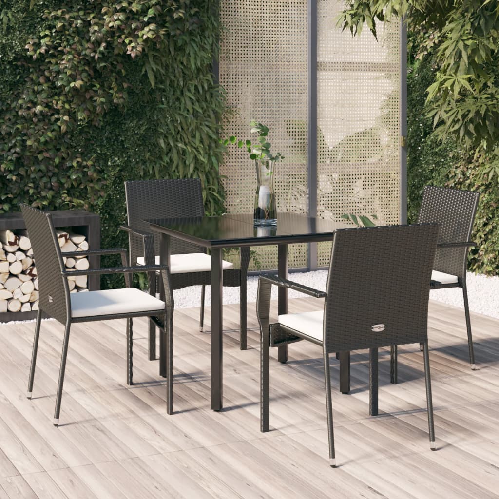 vida XL 5-tlg. Garten-Essgruppe mit Kissen Schwarz Poly Rattan