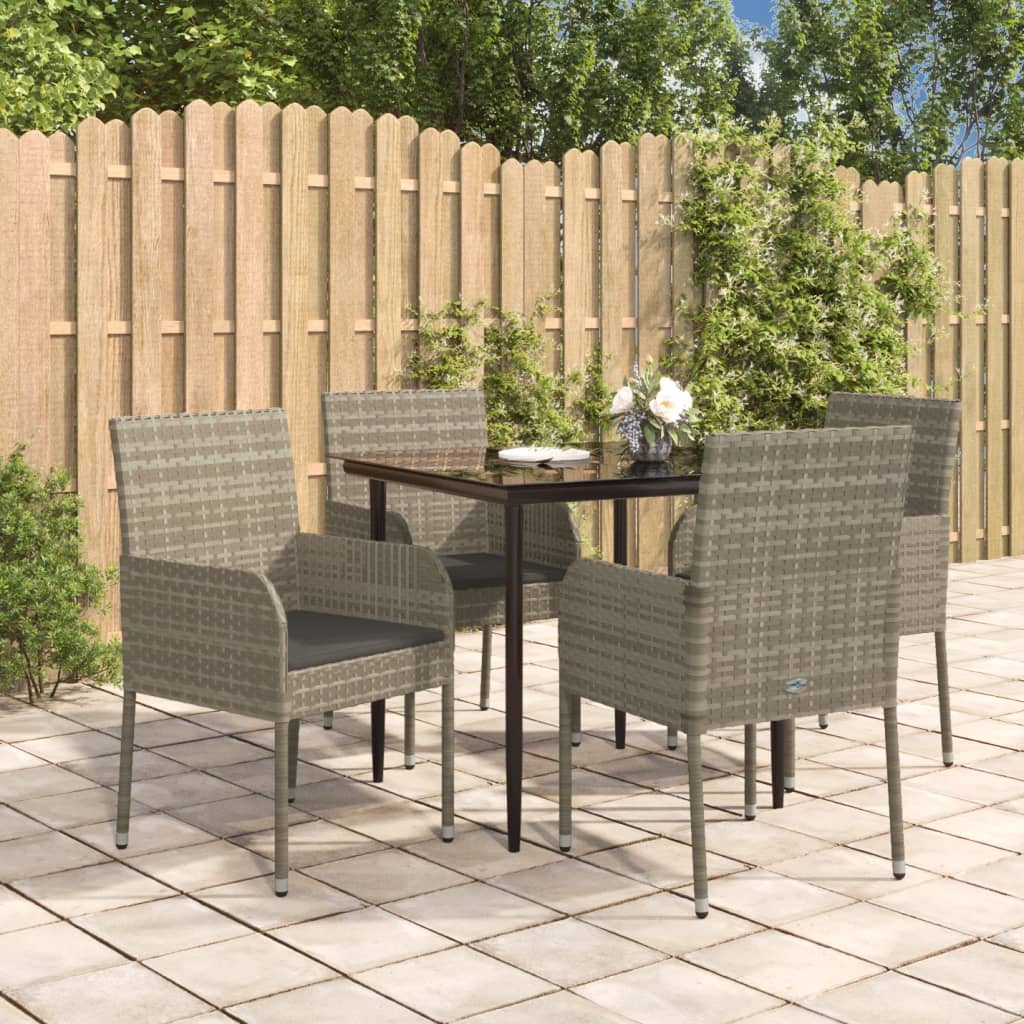 vida XL 5-tlg. Garten-Essgruppe mit Kissen Schwarz und Grau Poly Rattan
