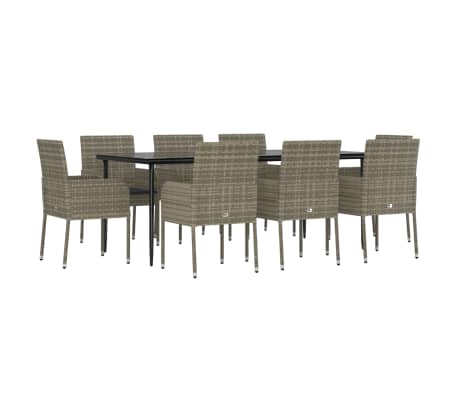 vidaXL 9-tlg. Garten-Essgruppe mit Kissen Schwarz und Grau Poly Rattan
