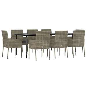 vidaXL 9-tlg. Garten-Essgruppe mit Kissen Schwarz und Grau Poly Rattan
