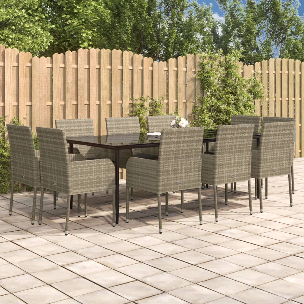 vida XL 11-tlg. Garten-Essgruppe mit Kissen Schwarz & Grau Poly Rattan