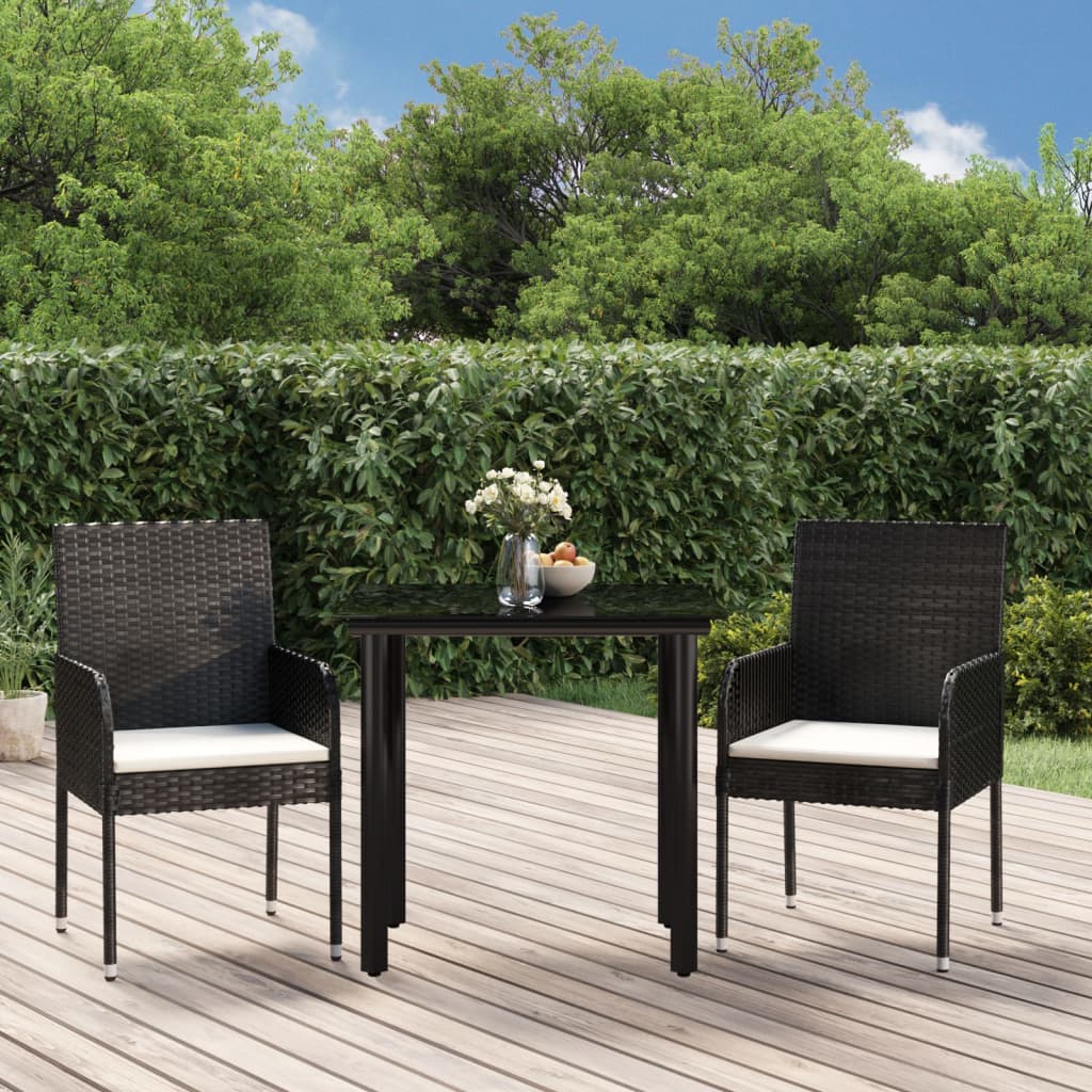 vida XL 3-tlg. Garten-Essgruppe mit Kissen Schwarz Poly Rattan