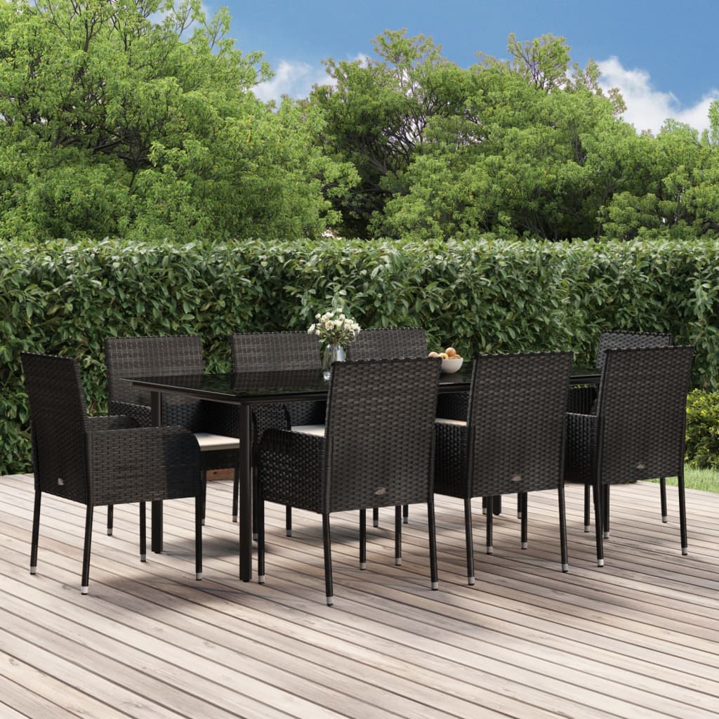 9-tlg. Garten-Essgruppe mit Kissen Schwarz Poly Rattan