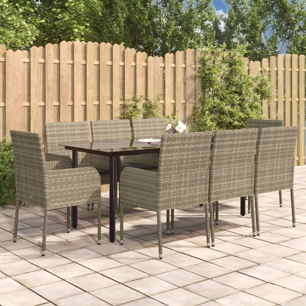 vidaXL Ensemble de salle à manger jardin 9pcs et coussins noir et gris