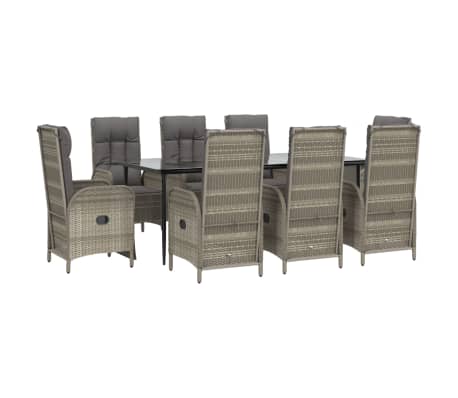 vidaXL 9-tlg. Garten-Essgruppe mit Kissen Schwarz und Grau Poly Rattan