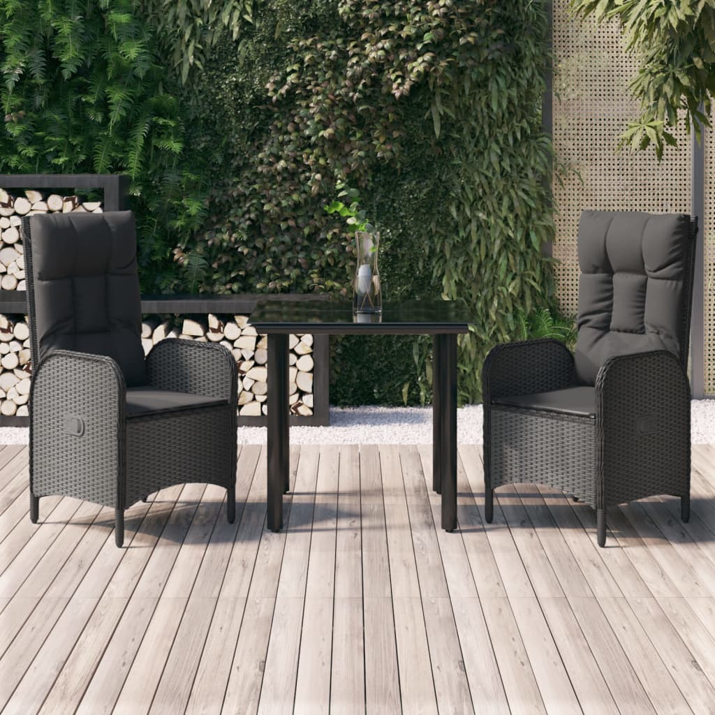 3-tlg. Garten-Essgruppe mit Kissen Schwarz Poly Rattan