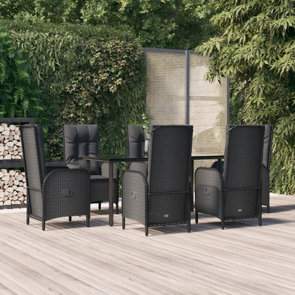 7-tlg. Garten-Essgruppe mit Kissen Schwarz Poly Rattan