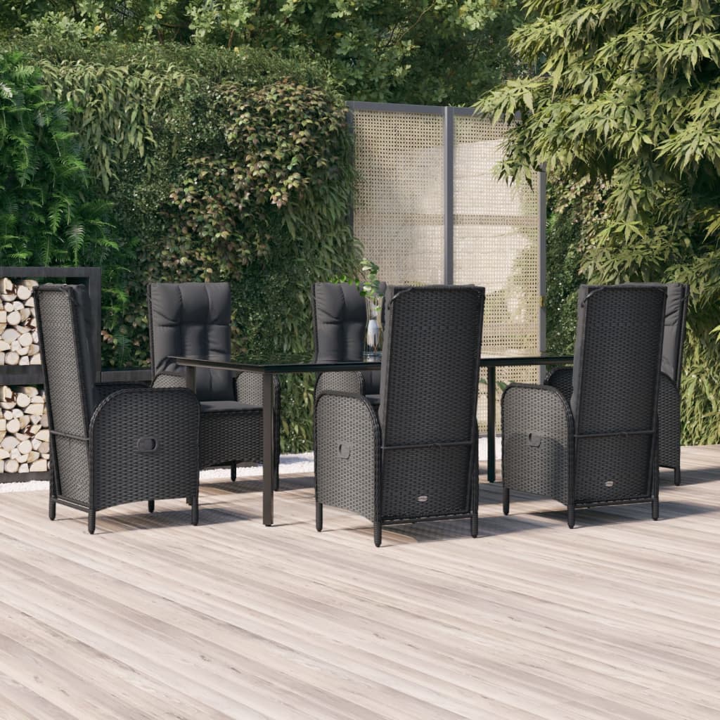 7-tlg. Garten-Essgruppe mit Kissen Schwarz Poly Rattan