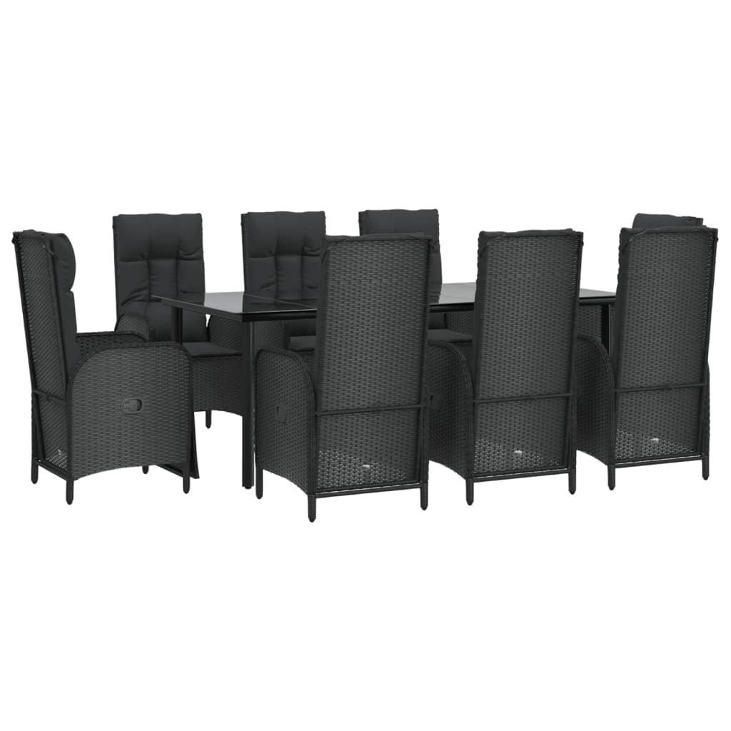 Set mobilier de grădină cu perne, 9 piese, negru, poliratan