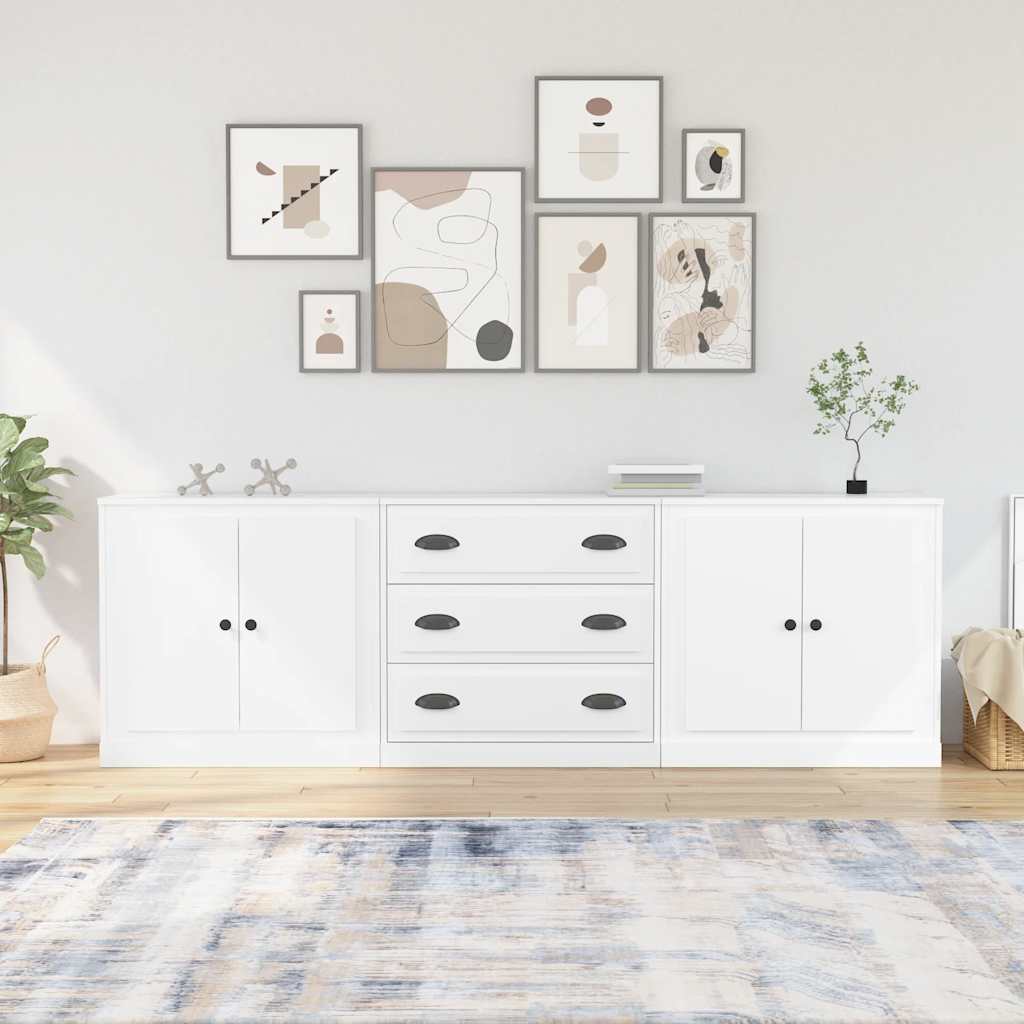 vidaXL Servante, 3 piese, alb, lemn prelucrat