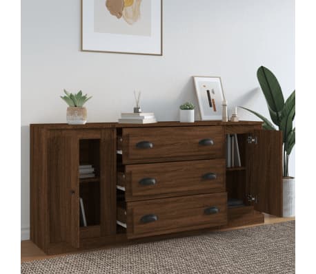 vidaXL &Scaron;oninės spintelės, 3vnt., rudos ąžuolo, apdirbta mediena