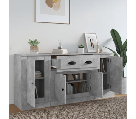 vidaXL &Scaron;oninės spintelės, 3vnt., betono pilkos, apdirbta mediena