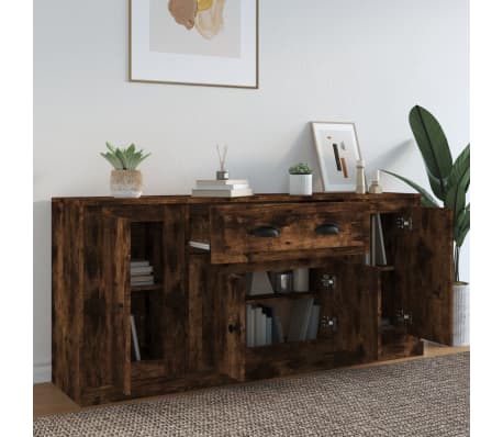 vidaXL &Scaron;oninės spintelės, 3vnt., dūminio ąžuolo, apdirbta mediena