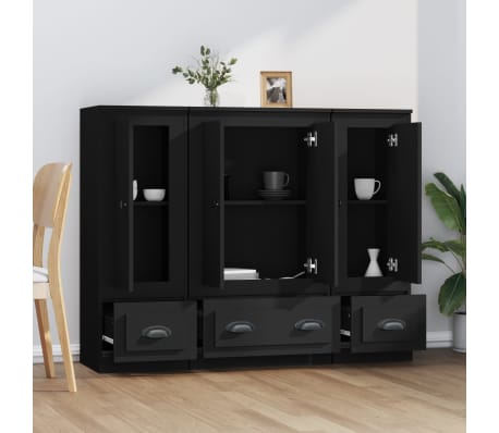 vidaXL Komodos, 3vnt., juodos spalvos, apdirbta mediena