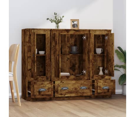 vidaXL Komodos, 3vnt., dūminio ąžuolo spalvos, apdirbta mediena