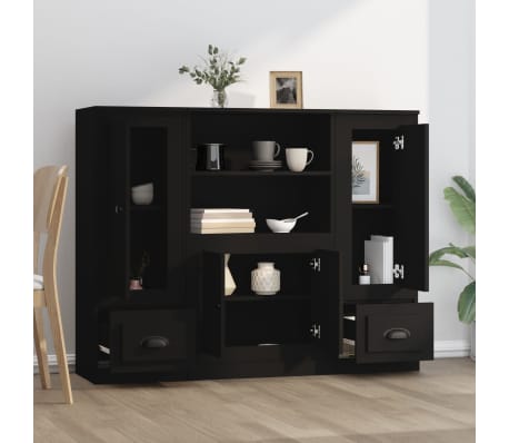 vidaXL Dulapuri &icirc;nalte, 3 piese, negru, lemn prelucrat