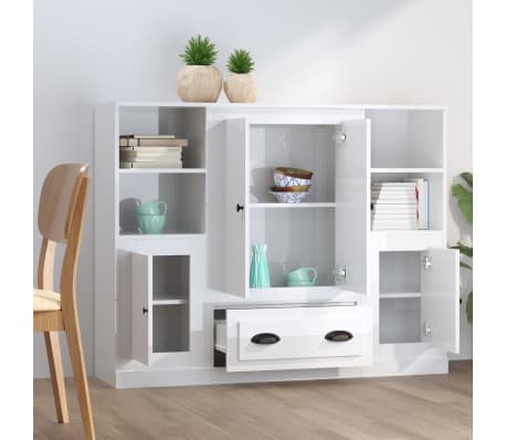 vidaXL Hoge kasten 3 st bewerkt hout hoogglans wit