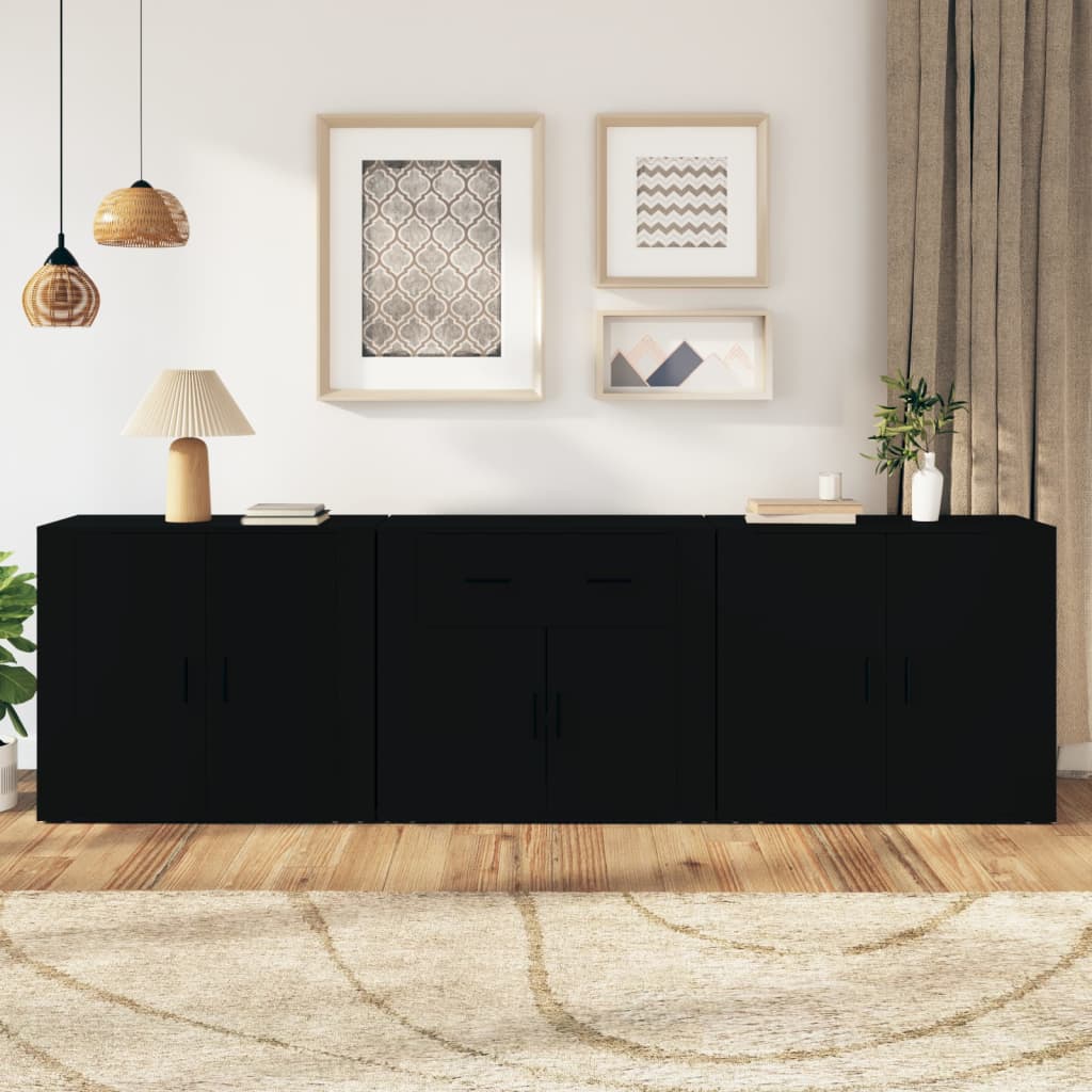 vidaXL Sideboards 3 Stk. Schwarz Holzwerkstoff