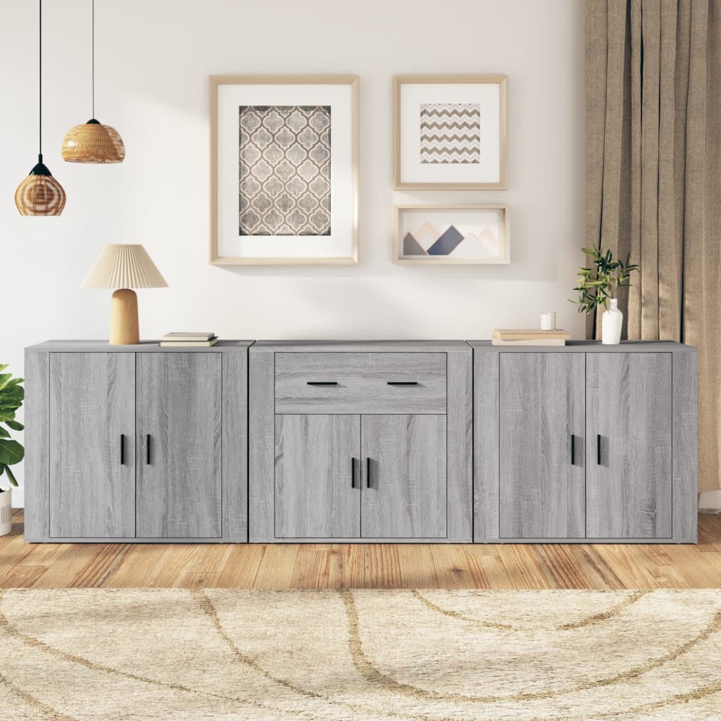 vidaXL Sideboards 3 Stk. Grau Sonoma Holzwerkstoff