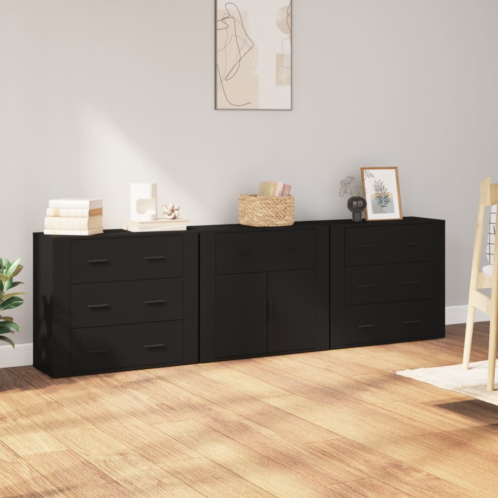 vidaXL Sideboards 3 Stk. Schwarz Holzwerkstoff