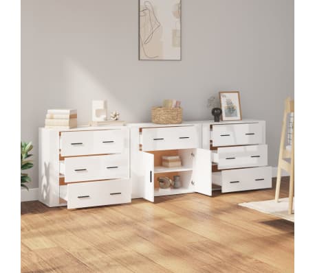 vidaXL &Scaron;oninės spintelės, 3vnt., baltos, apdirbta mediena, blizgios