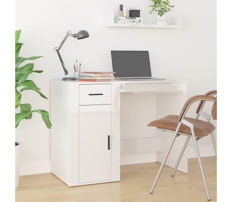 vidaXL Birou cu dulap, alb extralucios, lemn prelucrat