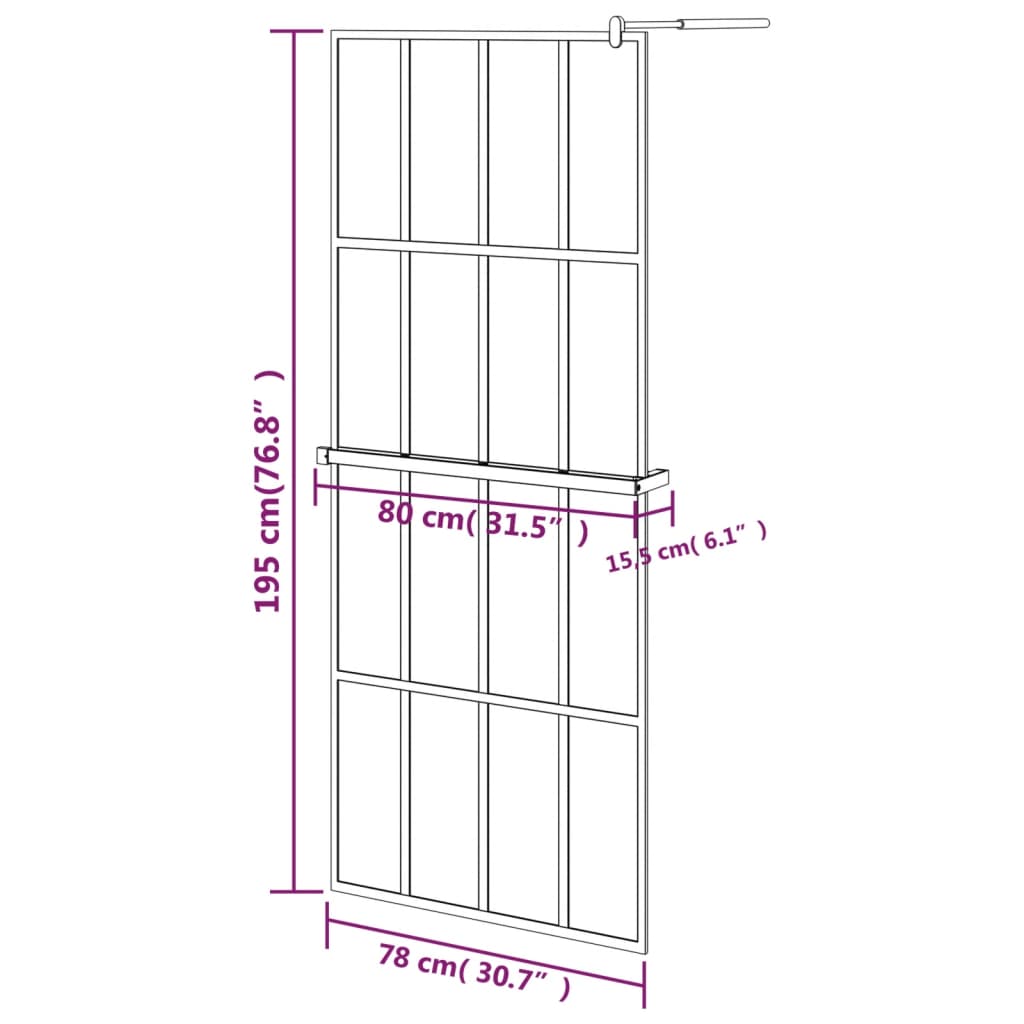 fekete ESG üveg és alumínium zuhanyfal polccal 80 x 195 cm