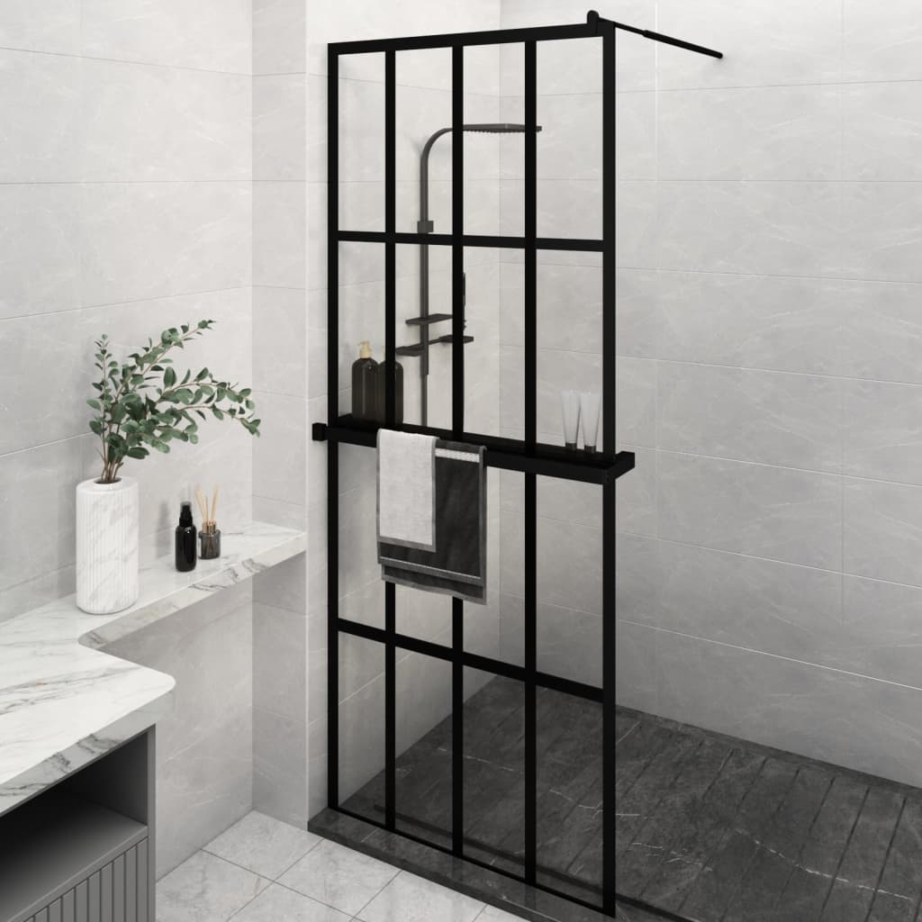 Duschwand mit Ablage für Walk-In-Dusche Schwarz 80×195 cm ESG