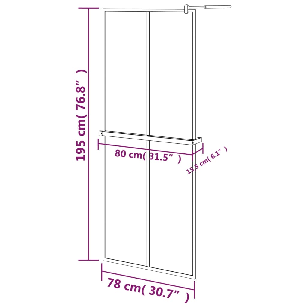 fekete ESG üveg és alumínium zuhanyfal polccal 80 x 195 cm