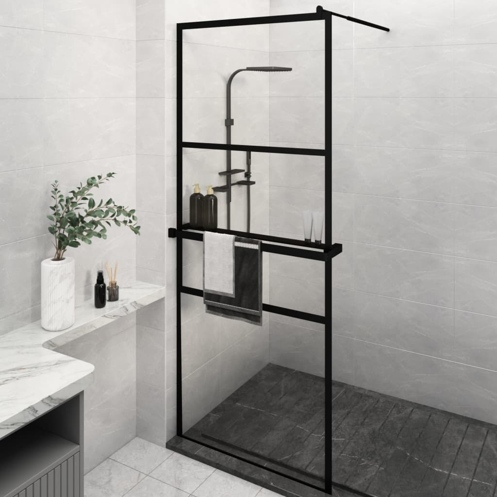 Duschwand mit Ablage für Walk-In-Dusche Schwarz 80×195 cm ESG