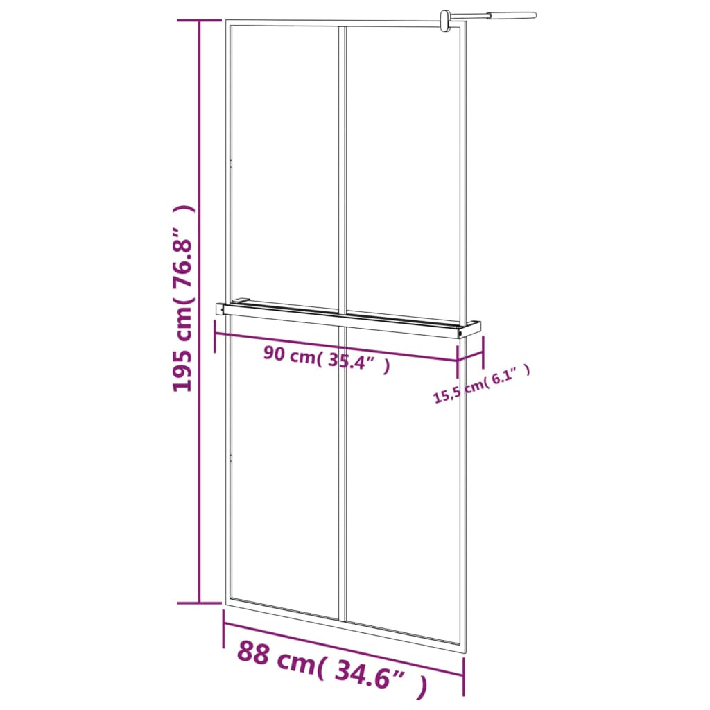 fekete ESG üveg és alumínium zuhanyfal polccal 90 x 195 cm