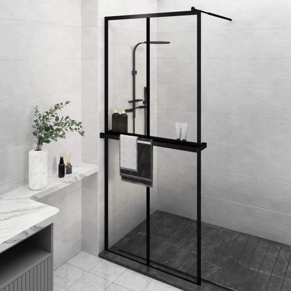 Duschwand mit Ablage für Walk-In-Dusche Schwarz 90×195 cm ESG