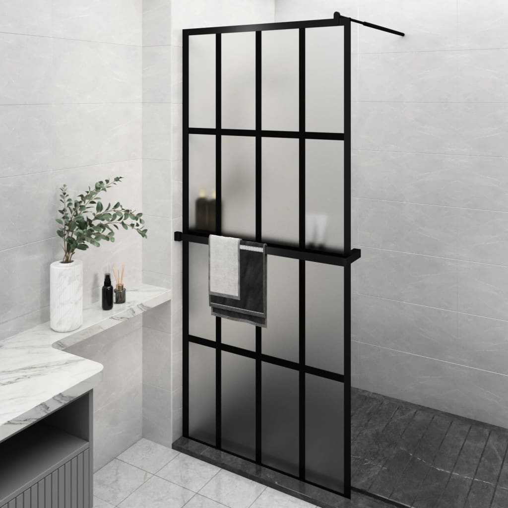 Duschwand mit Ablage für Walk-In-Dusche Schwarz 90×195 cm ESG