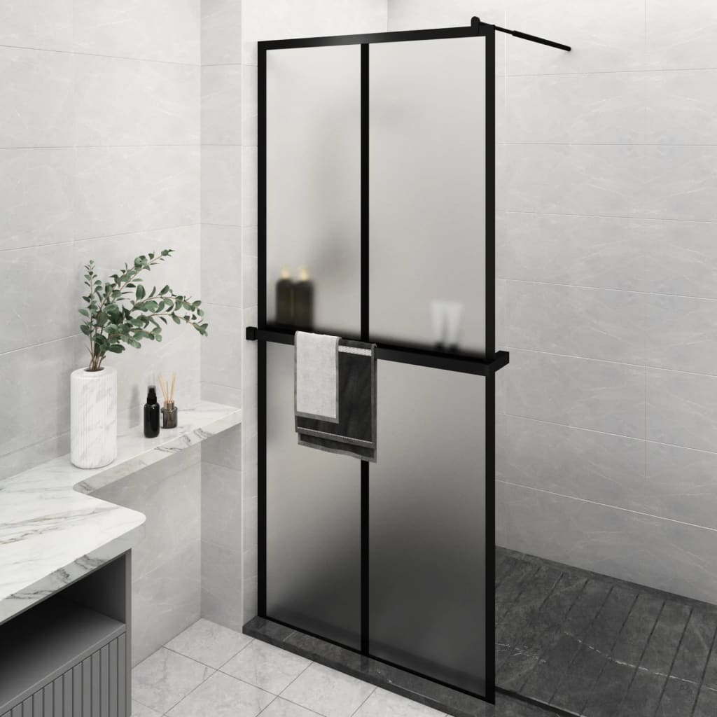 Zástěna do průchozí sprchy s policí černá 90x195 cm ESG/hliník