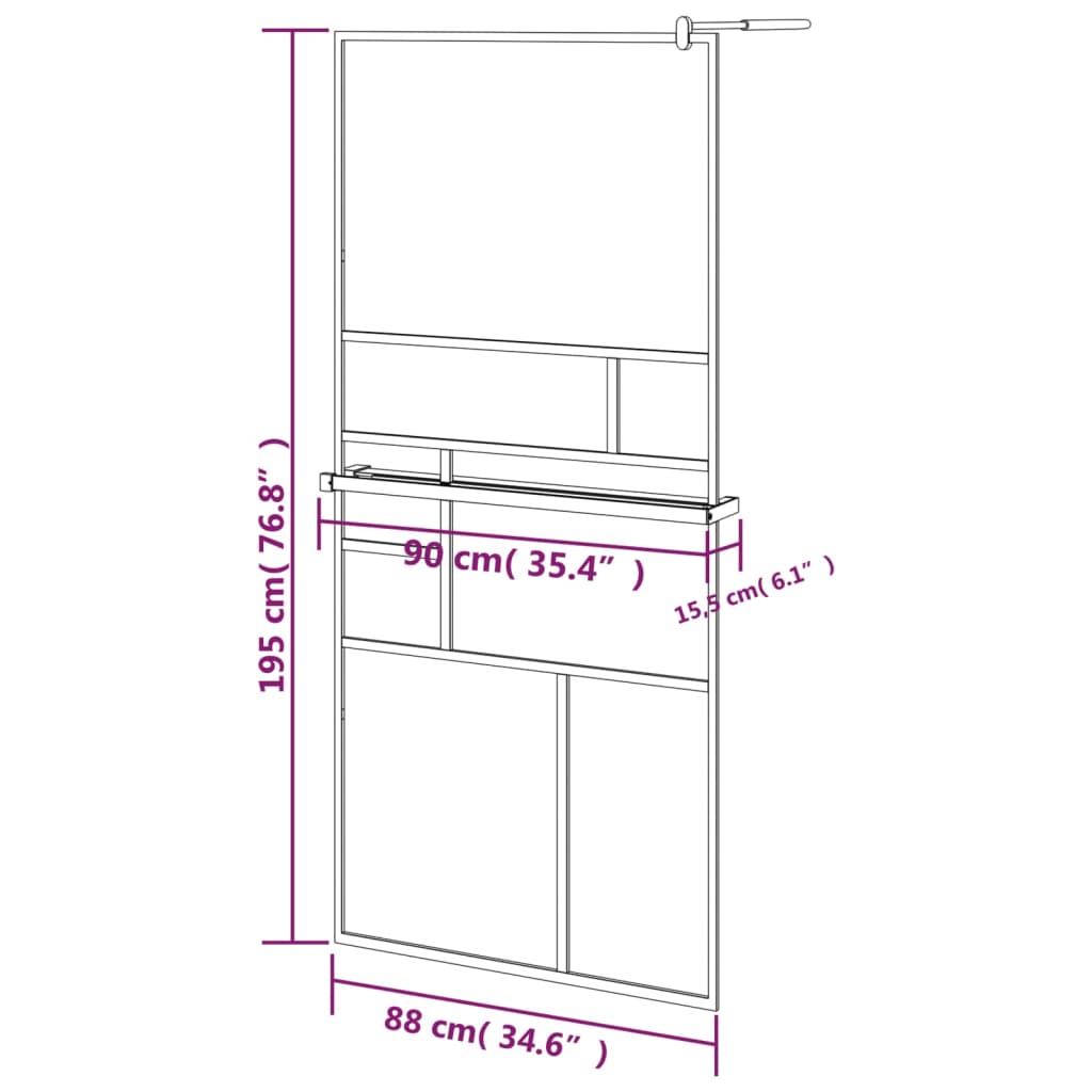 fekete ESG üveg és alumínium zuhanyfal polccal 90 x 195 cm