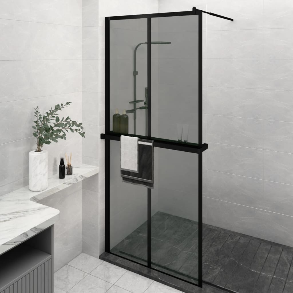 Zástěna do průchozí sprchy s policí černá 90x195 cm ESG/hliník