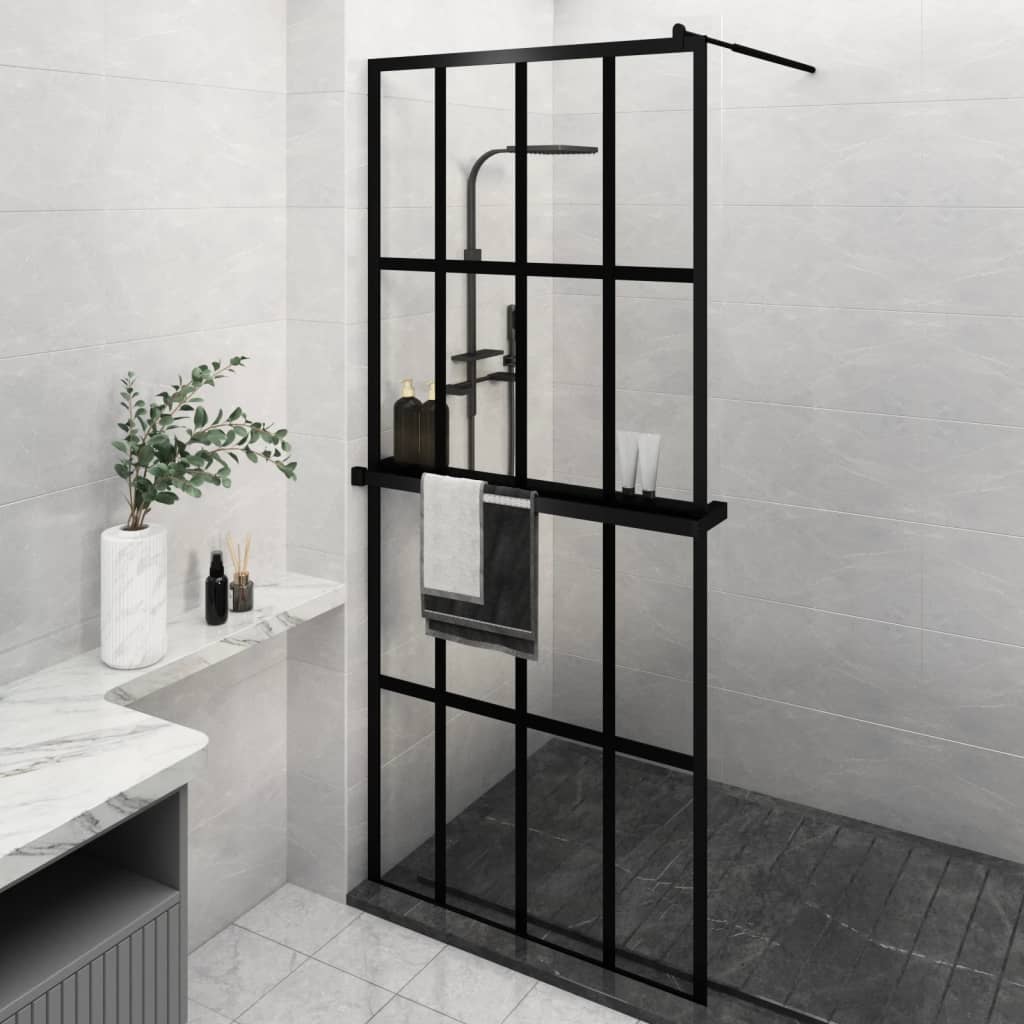 Duschwand mit Ablage für Walk-In-Dusche Schwarz 100×195 cm ESG