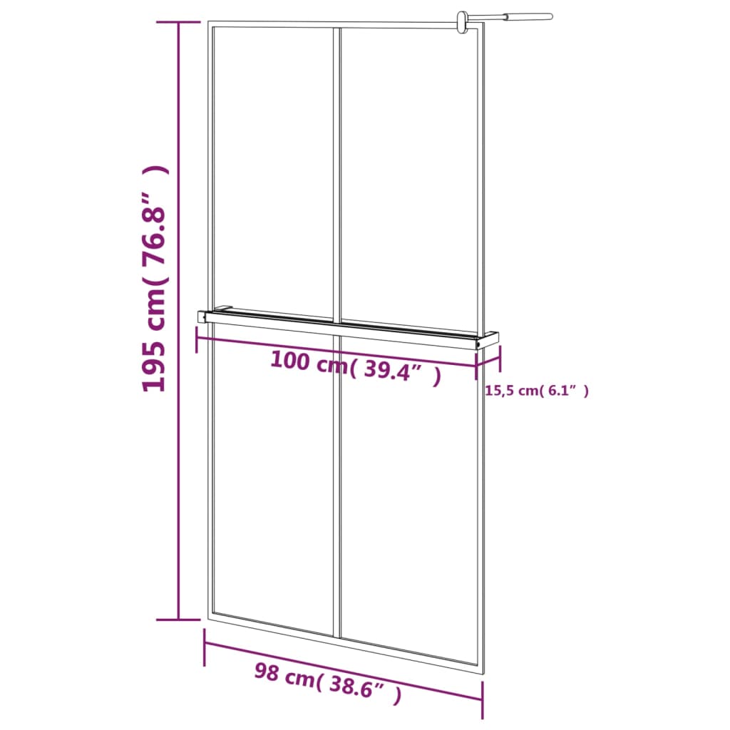 Paravan duș walk-in cu raft negru 100x195cm sticlă ESG/aluminiu