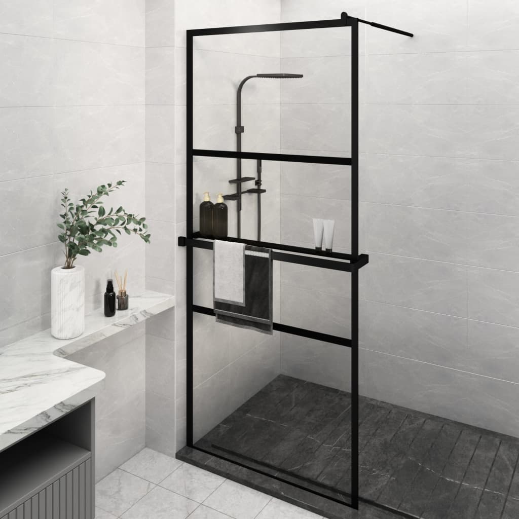 Duschwand mit Ablage für Walk-In-Dusche Schwarz 100×195 cm ESG