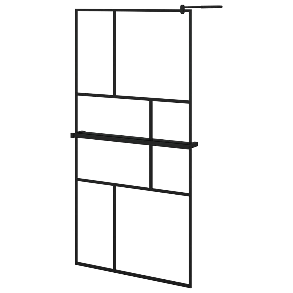 fekete ESG üveg és alumínium zuhanyfal polccal 100 x 195 cm