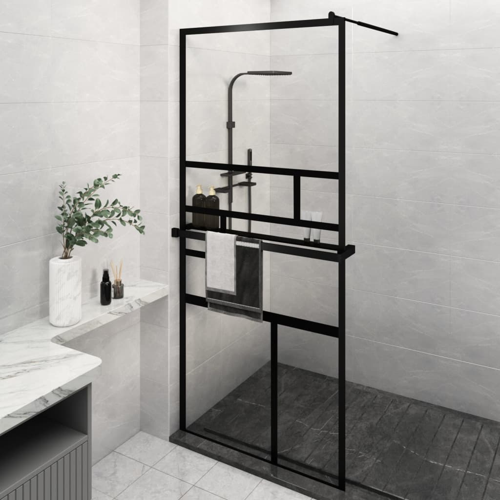 Duschwand mit Ablage für Walk-In-Dusche Schwarz 100×195 cm ESG