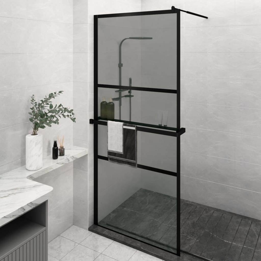 Duschwand mit Ablage für Walk-In-Dusche Schwarz 100×195 cm ESG