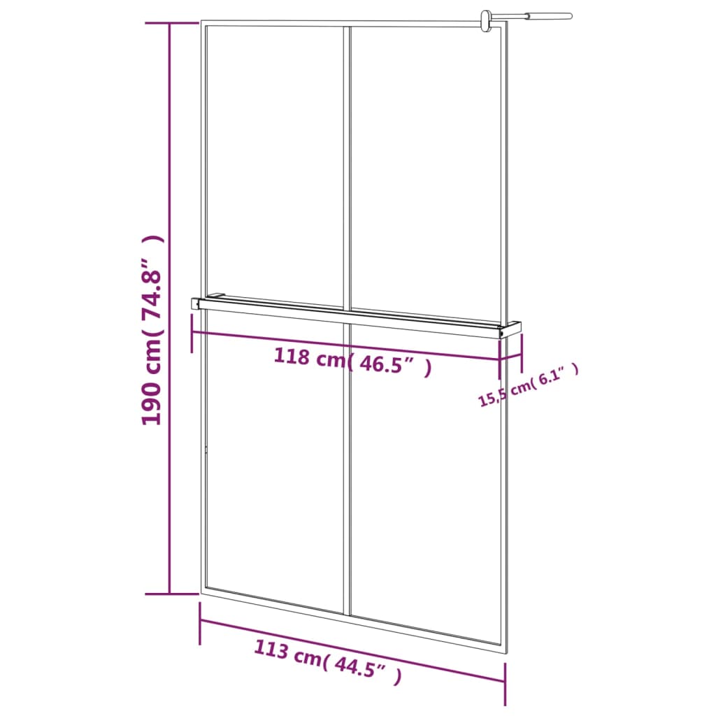 fekete ESG üveg és alumínium zuhanyfal polccal 118 x 190 cm