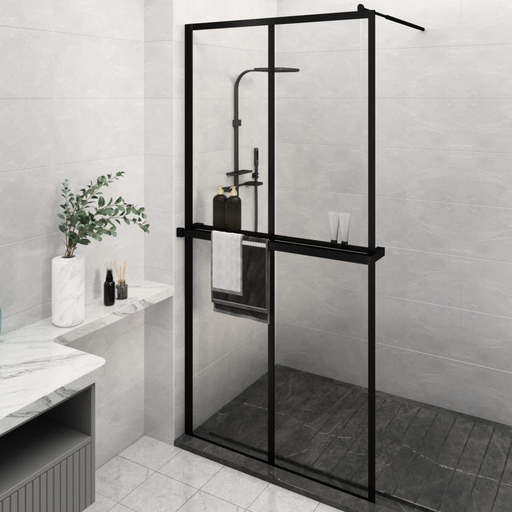 Duschwand mit Ablage für Walk-In-Dusche Schwarz 118×190 cm ESG