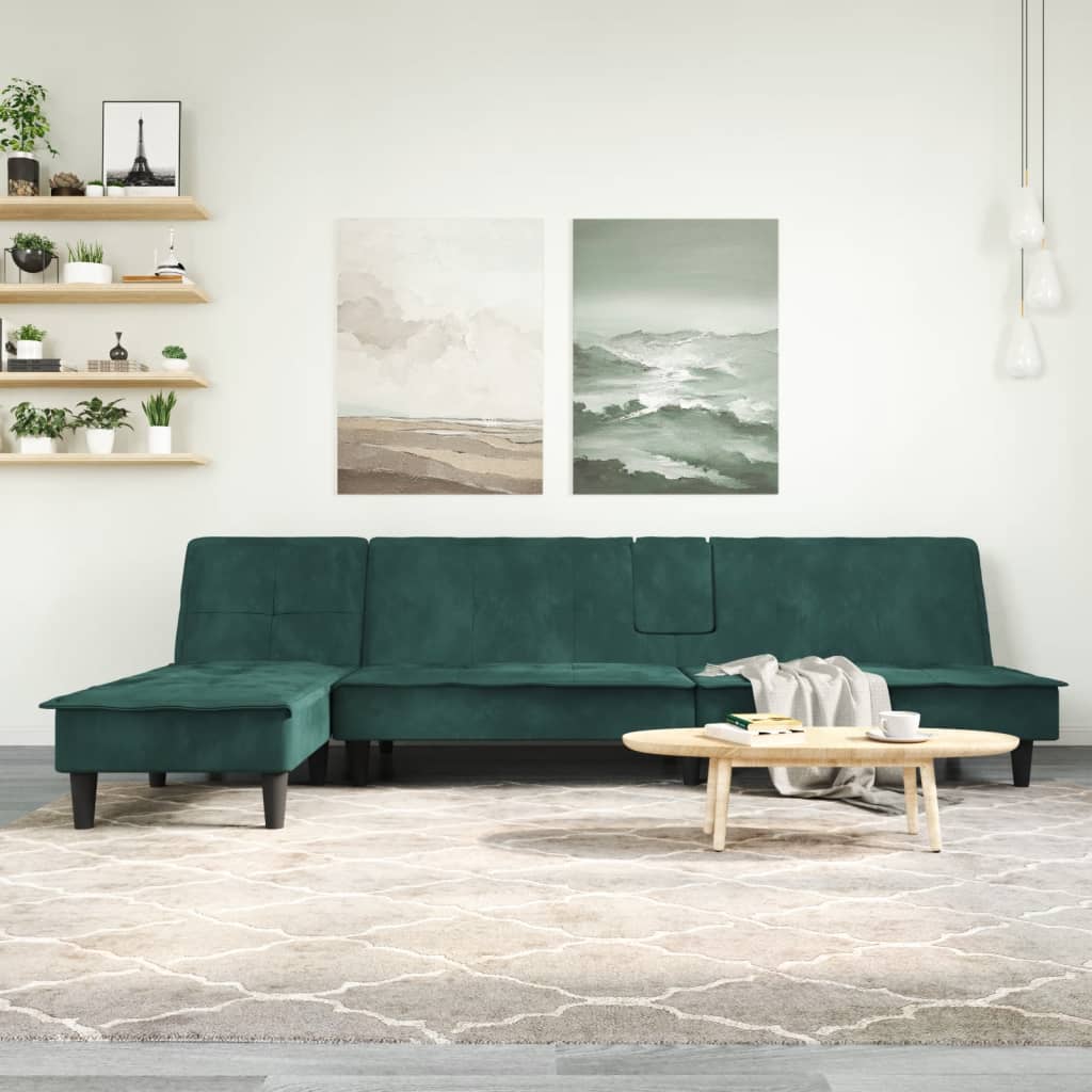 vidaXL L-formet sovesofa 255x140x70 cm velour mørkegrøn